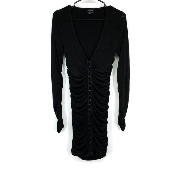 Bardot Dress Demi Black V Neck Ruched Long Sleeve Mini Bodycon - Picture 5 of 12